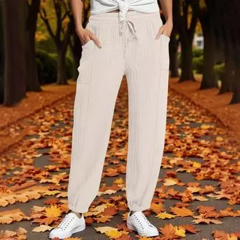 Женские брюки Модные повседневные брюки Однотонные брюки на кулиске с высокой талией и карманами S бежевый