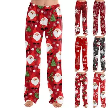 Женские брюки, модные, свободные, повседневные, с рождественским принтом, повседневные, широкие брюки, пижамные брюки XXL