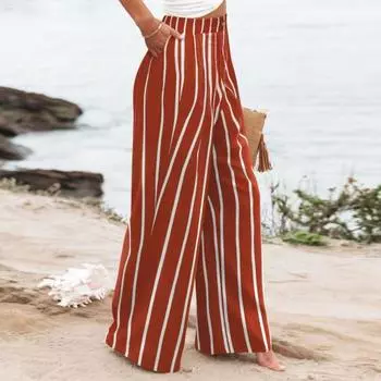 Женские брюки на пуговицах на молнии, длинные брюки с высокой талией, прямые широкие длинные брюки с полосатым принтом S темно-синий