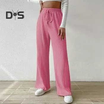 Женские брюки на шнурке, эластичные, с высокой талией, с широкими штанинами, однотонные, свободные, мягкие, дышащие, прямые женские длинные брюки, длинные брюки, спортивные штаны M серый