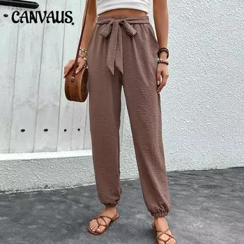 Женские брюки на шнуровке, летние повседневные брюки с высокой талией и шнурком S коричневый/кофейный