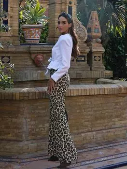 Женские брюки на шнуровке с леопардовым принтом, свободные широкие брюки с эластичной резинкой на талии, длинные весенние женские брюки S