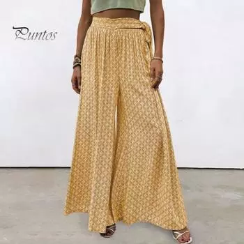 Женские брюки на шнуровке с высокой талией, широкие брюки-кюлоты трапециевидной формы с принтом, глубокая промежность до щиколотки, свободные мягкие дышащие женские длинные брюки XL синий