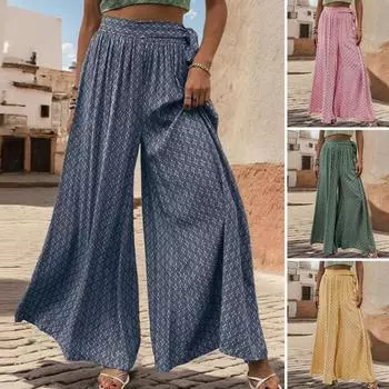 Женские брюки на шнуровке с высокой талией, широкие брюки-кюлоты трапециевидной формы с принтом, глубокая промежность до щиколотки, свободные XL синий