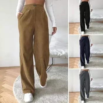 Женские брюки, однотонные брюки с карманами на молнии и пуговицах, осень-зима, свободные широкие широкие брюки, прямые вельветовые брюки, уличная одежда XL коричневый