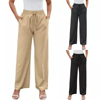 Женские брюки, однотонные длинные брюки, дышащие брюки, широкие брюки с карманами на шнурке