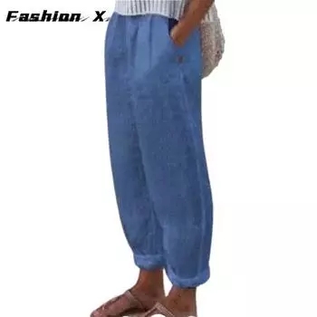 Женские брюки, однотонные летние прямые брюки с эластичной резинкой на талии и карманами M серый