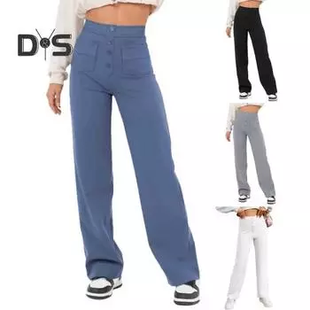 Женские брюки однотонные с эластичной талией, прямые повседневные брюки с множеством карманов, длинные брюки для отдыха S синий