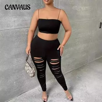 Женские брюки однотонные с рваными низами и вырезами большого размера 0XL чёрный