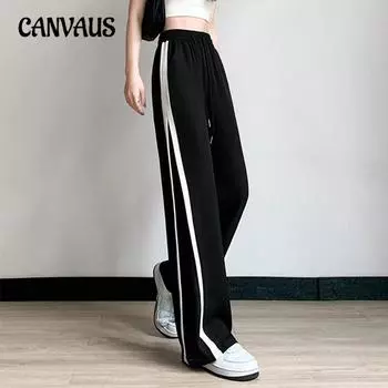 Женские брюки однотонные в полоску, в стиле пэчворк, прямые, с высокой талией M чёрный