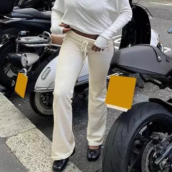 Женские брюки осень-зима с низкой талией, приподнятые спортивные брюки, эластичный пояс на шнурке, однотонные спортивные штаны для йоги, зимние широкие брюки с плюшевой подкладкой S чёрный