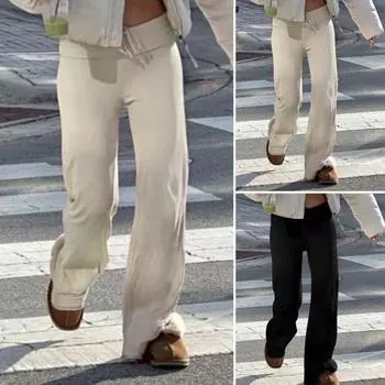 Женские брюки осень-зима с низкой талией, приподнятые спортивные брюки, эластичный пояс на шнурке, однотонные спортивные штаны для йоги, зимние широкие брюки с плюшевой подкладкой S чёрный