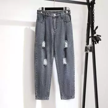 Женские брюки, осенние женские повседневные свободные повседневные женские дырявые джинсы, шаровары, укороченные брюки, большие размеры 2XL серый