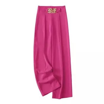 Женские брюки от костюма с высокой посадкой, прямые, с широкими штанинами, длинные, с карманами, однотонные, с цепочкой, эластичная талия, повседневные брюки M розы красного