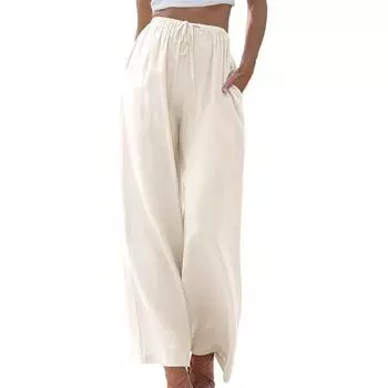 Женские брюки-палаццо из хлопка и льна, повседневные широкие брюки с завязками на резинке и карманами S абрикосовый