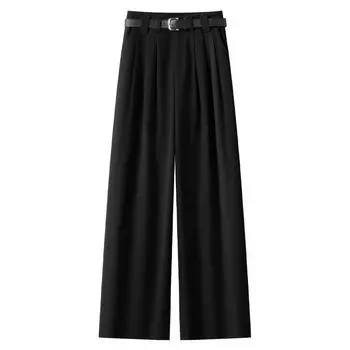 Женские брюки палаццо из шерсти цвета хаки: Новые 2024 Осень/Зима Расслабленный Слим-фит Прямые с Драпировкой Повседневные Длинные Брюки M чёрный