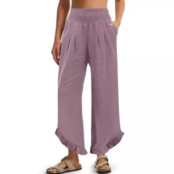 Женские брюки-палаццо, летние повседневные струящиеся брюки с широкими штанинами, наряды для пляжа, путешествий, отпуска L темно-фиолетового