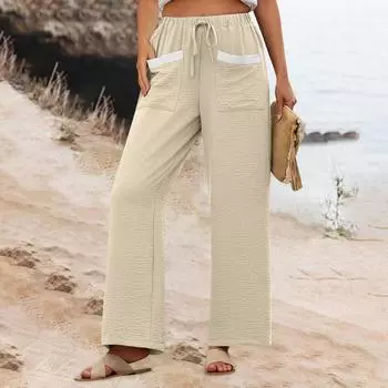 Женские брюки-палаццо, летние повседневные струящиеся брюки с широкими штанинами, наряды для пляжа, путешествий, отпуска L бежевый