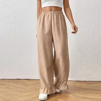 Женские брюки-палаццо, летние повседневные струящиеся брюки с широкими штанинами, наряды для пляжа, путешествий, отпуска S бежевый