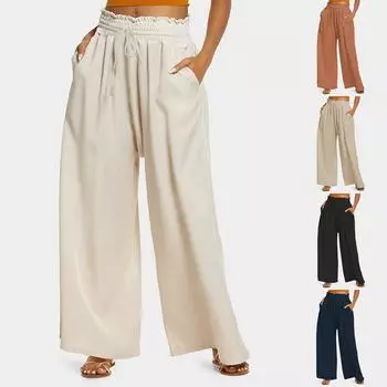 Женские брюки-палаццо, повседневные однотонные эластичные свободные брюки с высокой талией и рюшами, удобные дышащие летние брюки с карманами, широкие брюки S абрикосовый