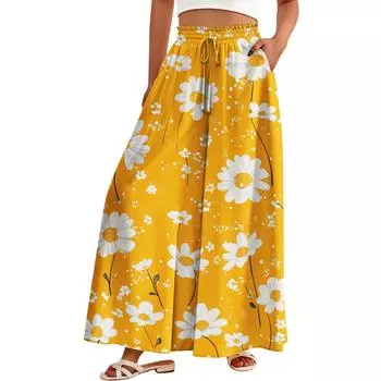 Женские брюки-палаццо с цветочным принтом в стиле бохо, широкие брюки, летние пляжные струящиеся брюки с высокой талией и карманами L золотой