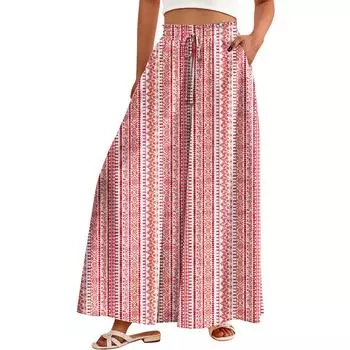 Женские брюки-палаццо с цветочным принтом в стиле бохо, широкие брюки, летние пляжные струящиеся брюки с высокой талией и карманами M розовый