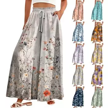 Женские брюки-палаццо с цветочным принтом в стиле бохо, широкие брюки, летние пляжные струящиеся брюки с высокой талией и карманами L синий