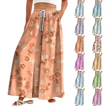 Женские брюки-палаццо с цветочным принтом в стиле бохо, широкие брюки, летние пляжные струящиеся брюки с высокой талией и карманами L армия зеленый