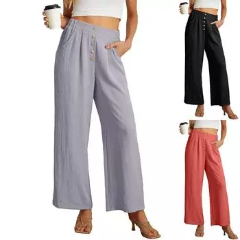 Женские брюки-палаццо, широкие струящиеся брюки с высокой талией, повседневные длинные брюки с пуговицами и карманом L чёрный