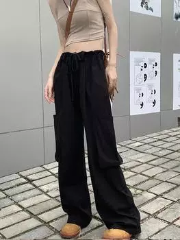 Женские брюки-парашют Y2K, свободные брюки-карго с широкими штанинами и прямыми карманами в стиле Харадзюку, женские спортивные штаны для бега оверсайз L белый