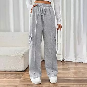 Женские брюки повседневные эластичные с высокой талией и карманами в стиле пэчворк прямые брюки S серый