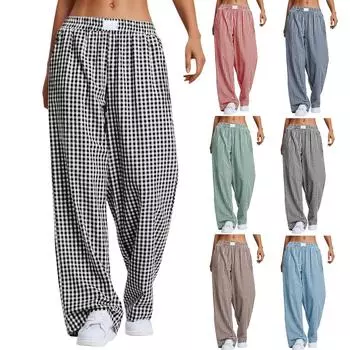Женские брюки, повседневные брюки с принтом в клетку, карманы, эластичный пояс, свободные прямые брюки L чёрный