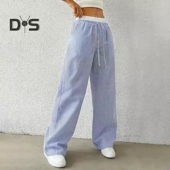 Женские брюки, повседневные брюки с широкими штанинами, эластичный пояс, регулируемый шнурок, полосатый дизайн, длинные брюки, повседневная одежда L королевский синий