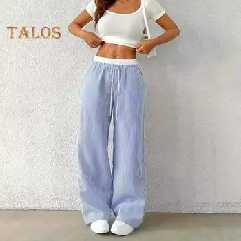 Женские брюки, повседневные брюки с широкими штанинами, эластичный пояс, регулируемый шнурок, полосатый дизайн, длинные брюки, повседневная одежда XL розовый