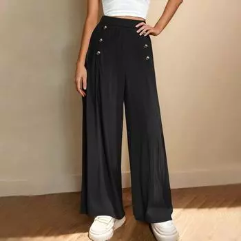 Женские брюки, повседневные однотонные брюки с карманами, эластичный пояс, свободные прямые брюки L чёрный