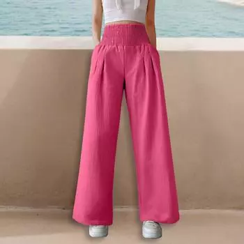 Женские брюки, повседневные однотонные брюки с карманами, эластичный пояс, свободные прямые брюки L горячий розовый