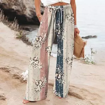 Женские брюки, повседневные свободные брюки из хлопка и льна с высокой талией, широкие длинные брюки с карманами L бежевый