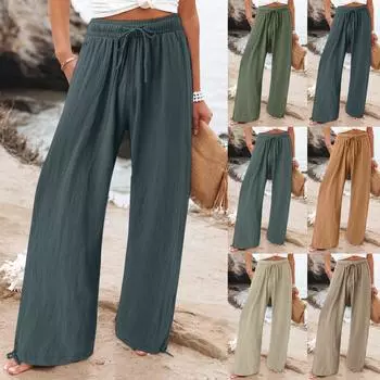 Женские брюки, повседневные свободные брюки из хлопка и льна с высокой талией, широкие длинные брюки с карманами XXXL циан
