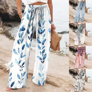 Женские брюки, повседневные свободные брюки из хлопка и льна с высокой талией, широкие длинные брюки с карманами M синий