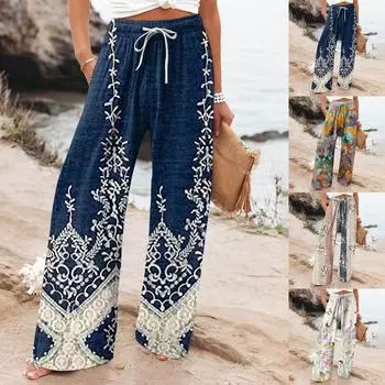 Женские брюки, повседневные свободные брюки из хлопка и льна с высокой талией, широкие длинные брюки с карманами One size бежевый