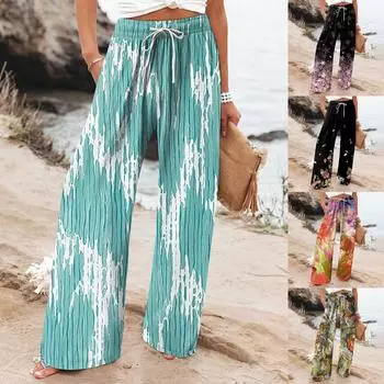 Женские брюки, повседневные свободные брюки из хлопка и льна с высокой талией, широкие длинные брюки с карманами L чёрный