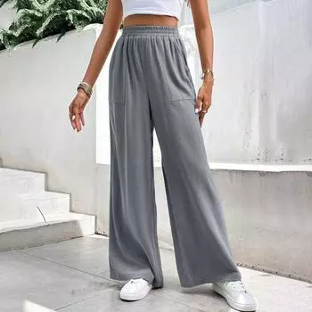Женские брюки, повседневные свободные брюки из хлопка и льна с высокой талией, широкие длинные брюки с карманами L серый