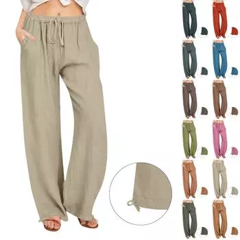 Женские брюки, повседневные свободные брюки из хлопка и льна с высокой талией, широкие длинные брюки с карманами M циан