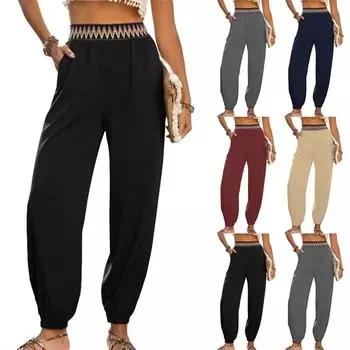 Женские брюки повседневные свободные пляжные брюки с эластичной талией и карманами L бежевый