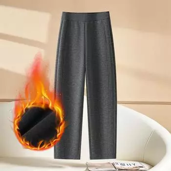 Женские брюки прямого кроя из смеси шерсти и шелка тутового дерева с эластичной талией и велюровой отделкой - Коллекция Зима 2024. 2XL темно-серого