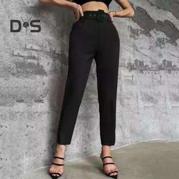 Женские брюки прямого кроя с высокой талией, длинные брюки с карманами, однотонные повседневные рабочие брюки M чёрный