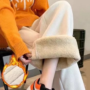 Женские брюки прямого покроя с эластичной резинкой на талии, широкие брюки из овечьей шерсти, утепленные, свободные, однотонные, вельветовые брюки на осень-зиму S чёрный