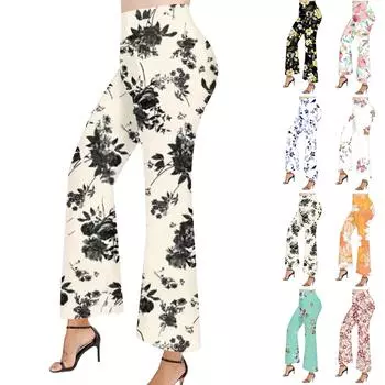 Женские брюки, прямые брюки, повседневные брюки с эластичной резинкой на талии и принтом M хаки