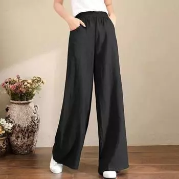 Женские брюки, прямые широкие брюки, эластичные повседневные брюки с высокой талией и карманами, однотонные свободные длинные брюки XXXL оранжевый