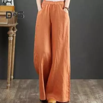 Женские брюки, прямые широкие брюки, эластичные повседневные брюки с высокой талией и карманами, однотонные свободные длинные брюки, уличная одежда M оранжевый